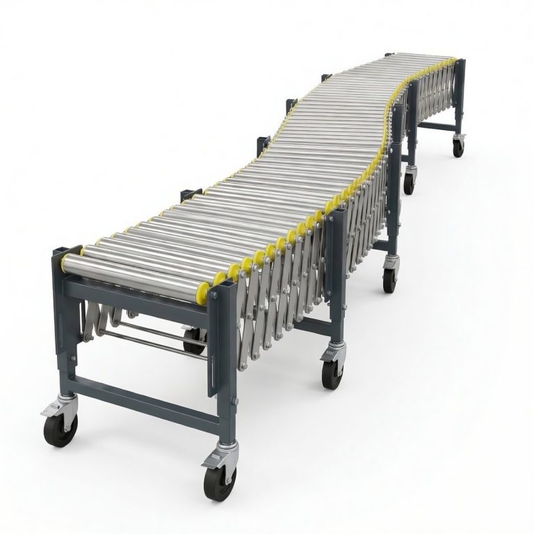 Раздвижной шестисекционный рольганг РР на стальных пантографах с роликами шириной 700 мм