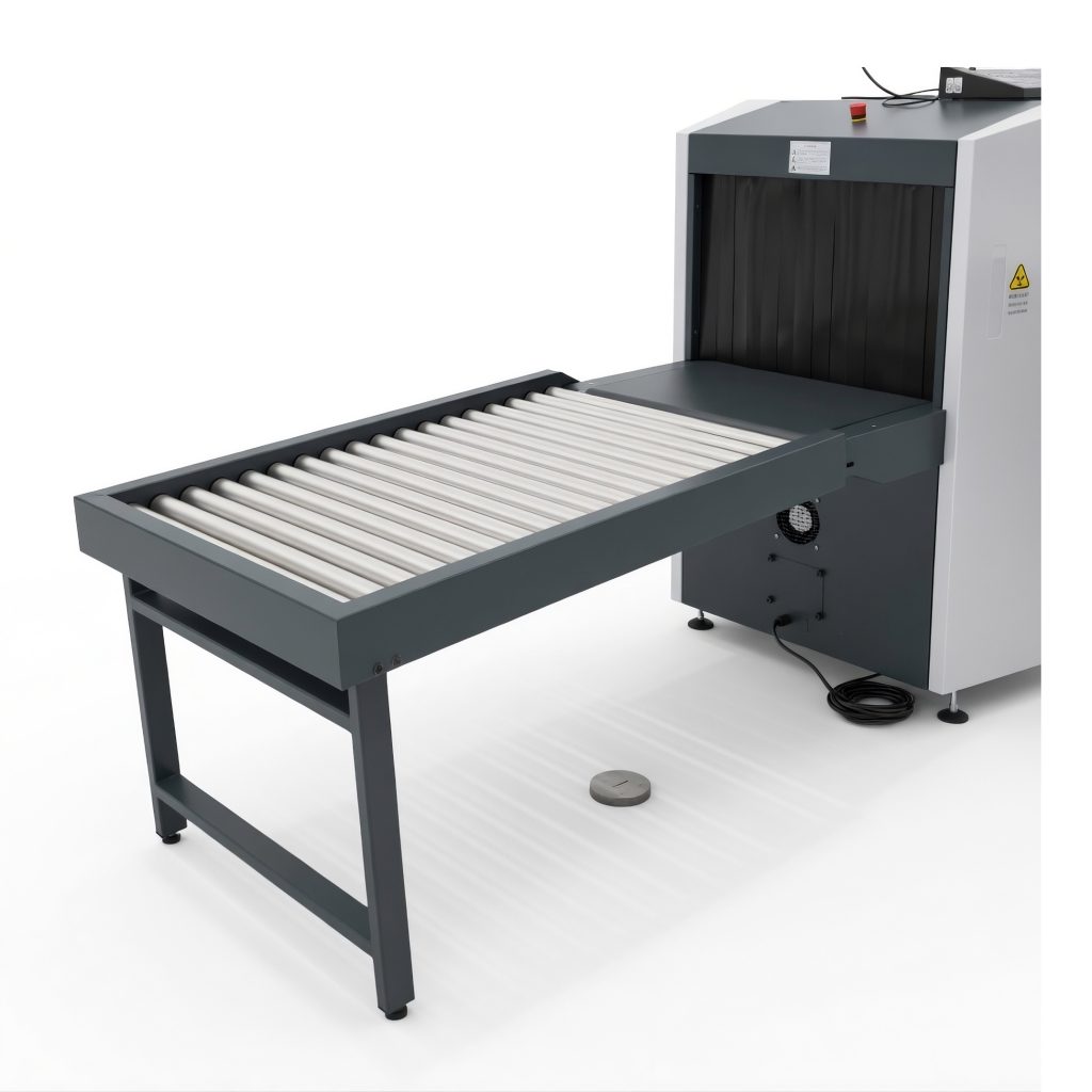 Роликовый стол со стальными валиками и регулируемыми опорами, пристыкованный к входному окну интроскопа